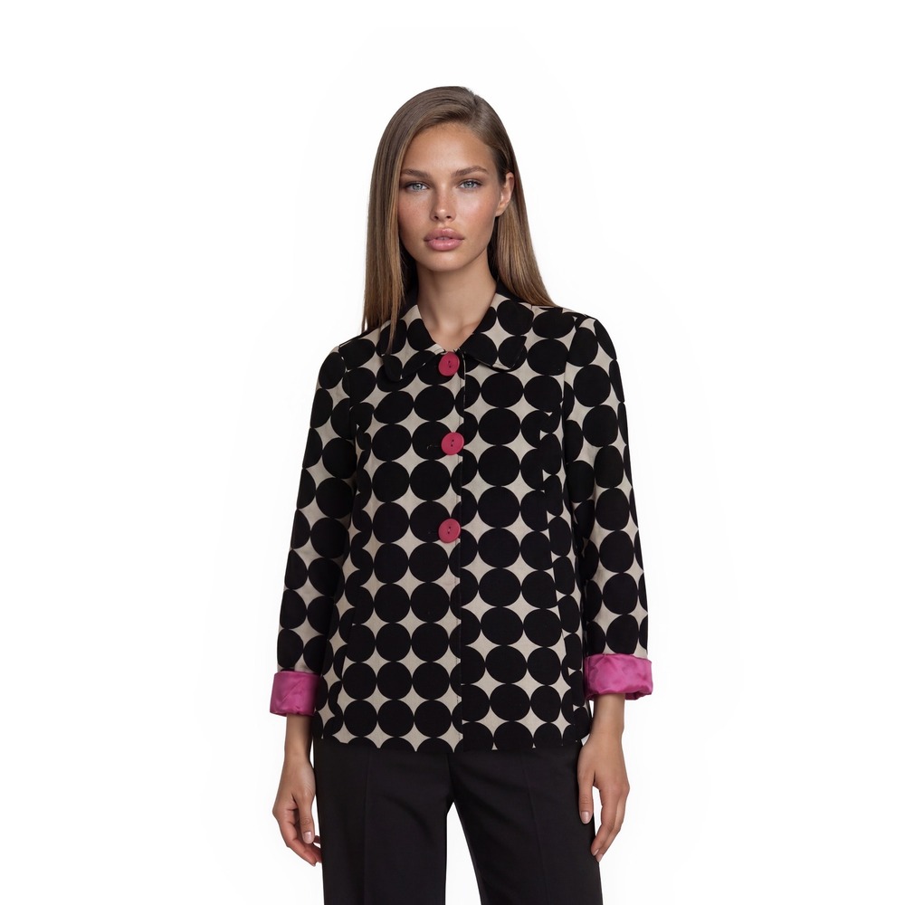 3 Sisters Swing Coat Women's Size Large Black White Pink Polka Dot Y2K Cotton